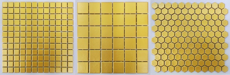 Pastilhas Ouro nos tamanhos 2,5 x 2,5 cm, 5 x 5 cm, e hexagonais de 2,65 cm