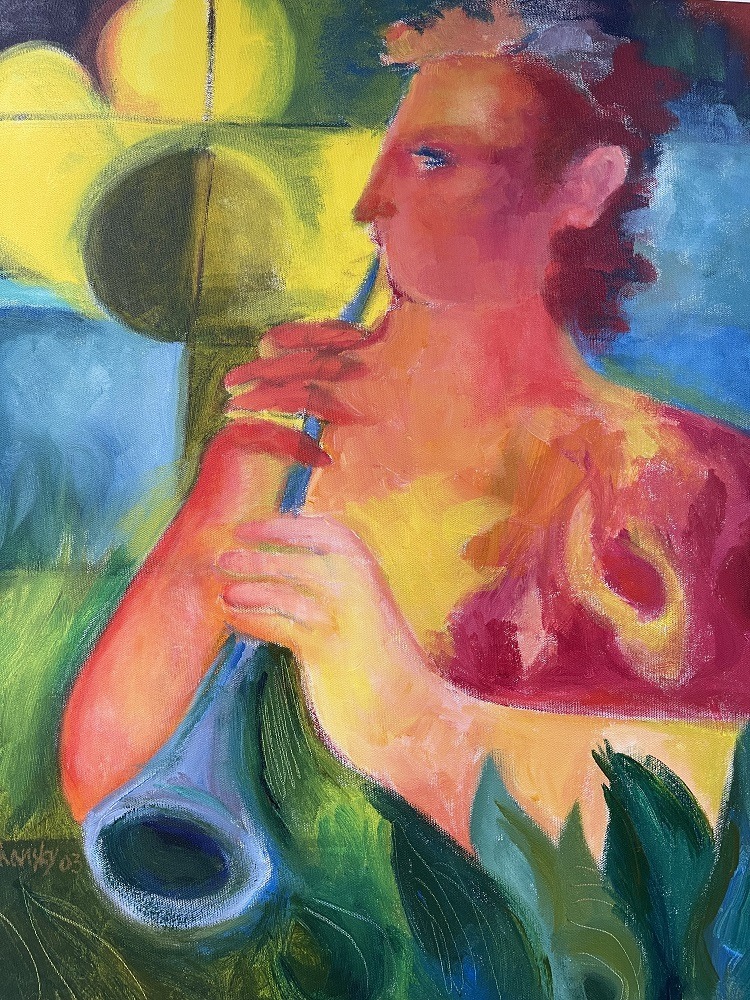 Mulher tocando oboé, pintura de Clara Pechansky de 60x50 (Divulgação)